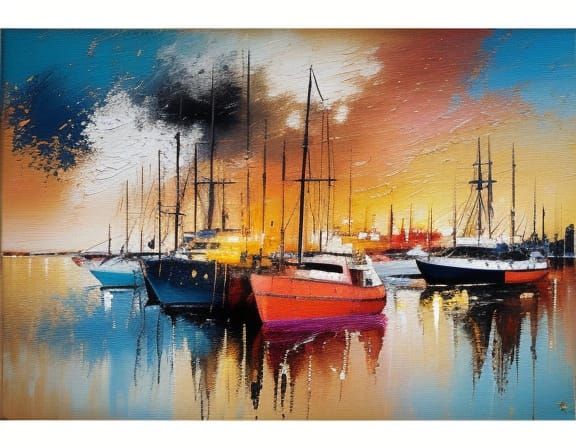 Abstract River Port Painting with Impasto Texture