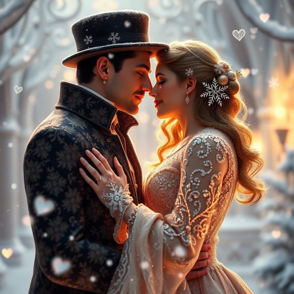 Romantic Christmas Couple in Snowy Art Nouveau Scene