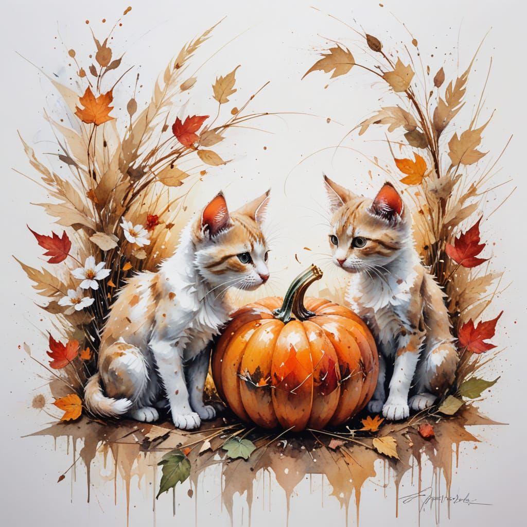 Autumn Kittens Explore Pumpkin Patch in Folk Art Style