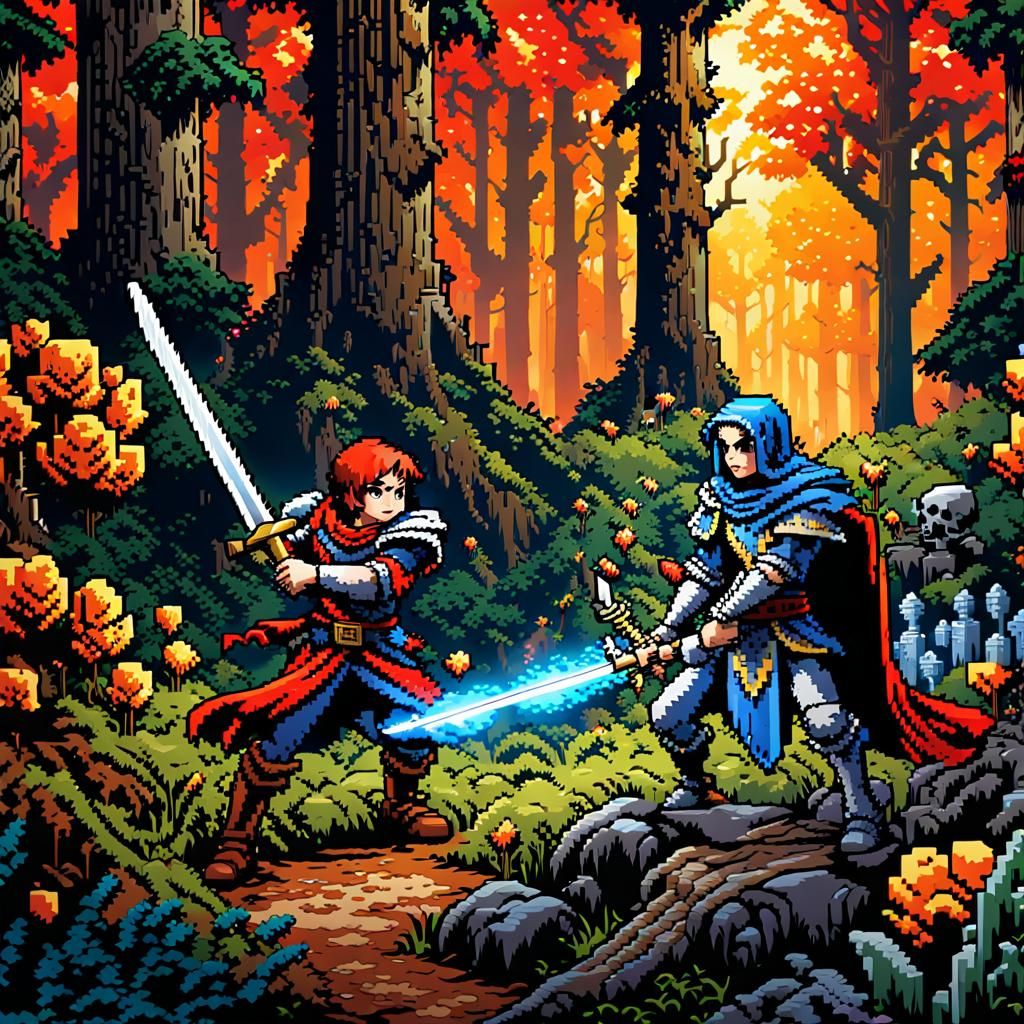 Pixelated Medieval Hero Battles Skeletons in Forest