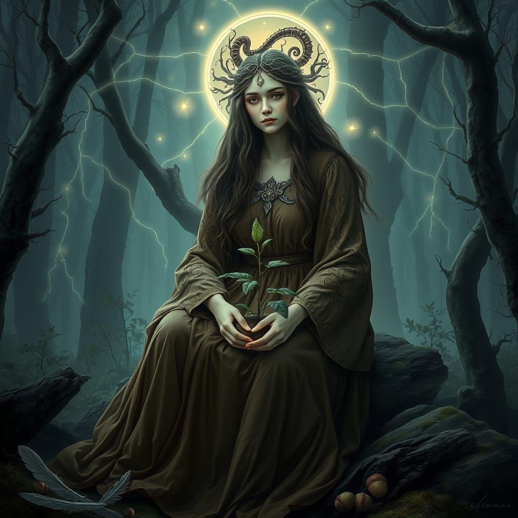 Ethereal Goddess of Baltic Mythology in Primeval Forest