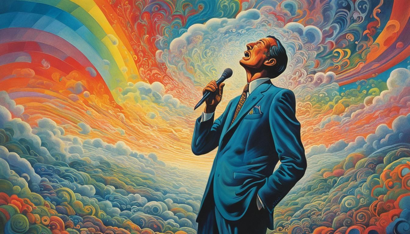 Man Singing in Rainbow Dreamscape: Surreal Lithograph