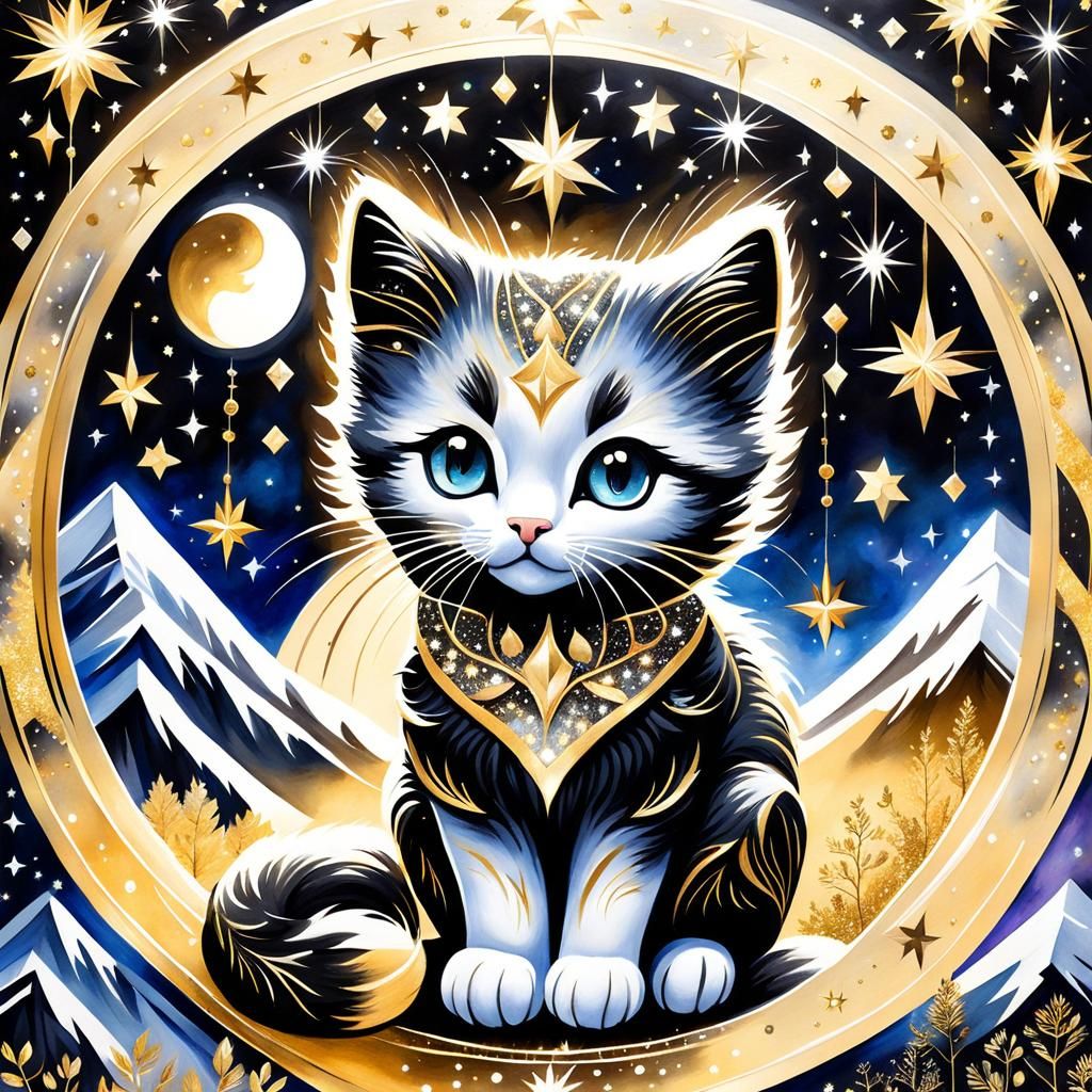 Enchanted Kitten with Golden Sparkles, Watercolor Art