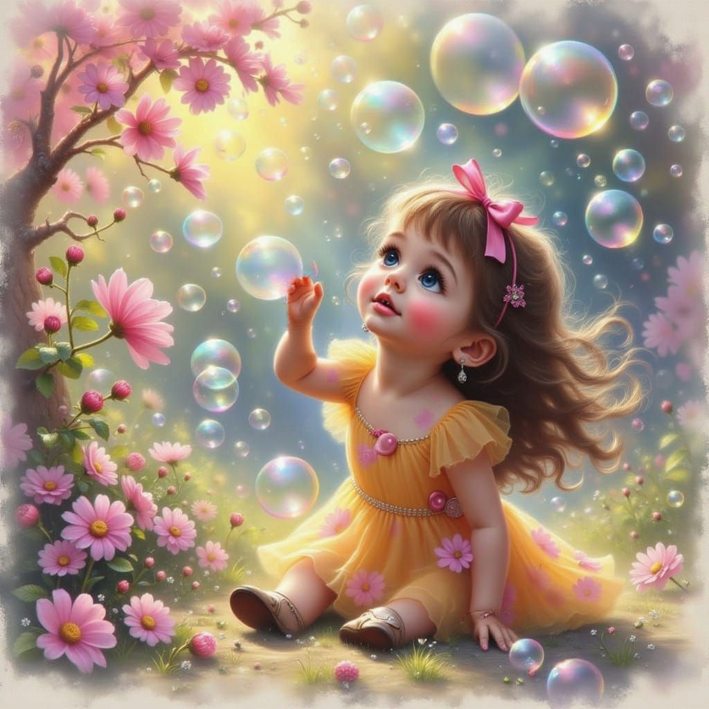 Surreal Whimsical Portrait of a Young Girl Blowing Bubbles i...