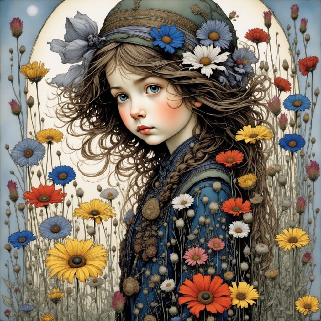 Victorian-Style Portrait of a Whimsical Girl Amidst Wildflow...
