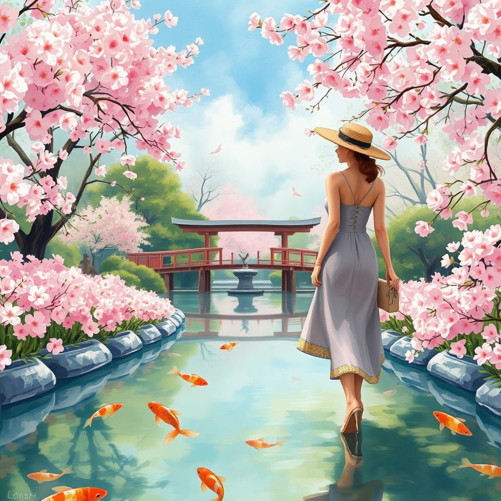 Serenely Dressed Woman in Vibrant Japan Garden with Sakura B...