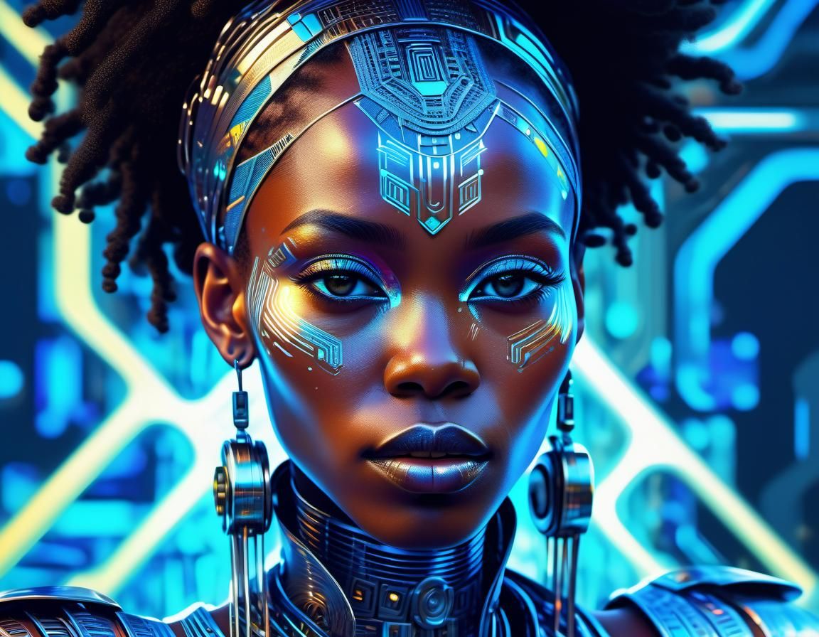 Afrofuturist Portrait of African Woman with Mechanical Desig...
