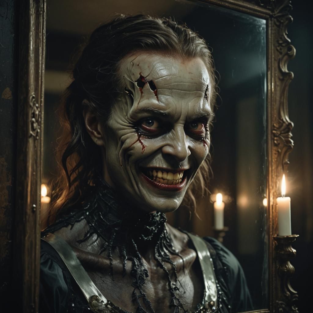 Grinning Horror Portrait in Mirror, Cinematic Realism