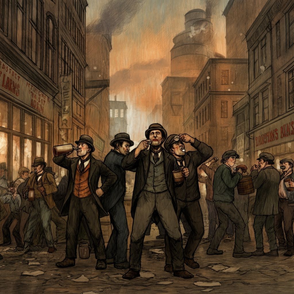 Early American Prohibition Protesters in Sketch Art Style