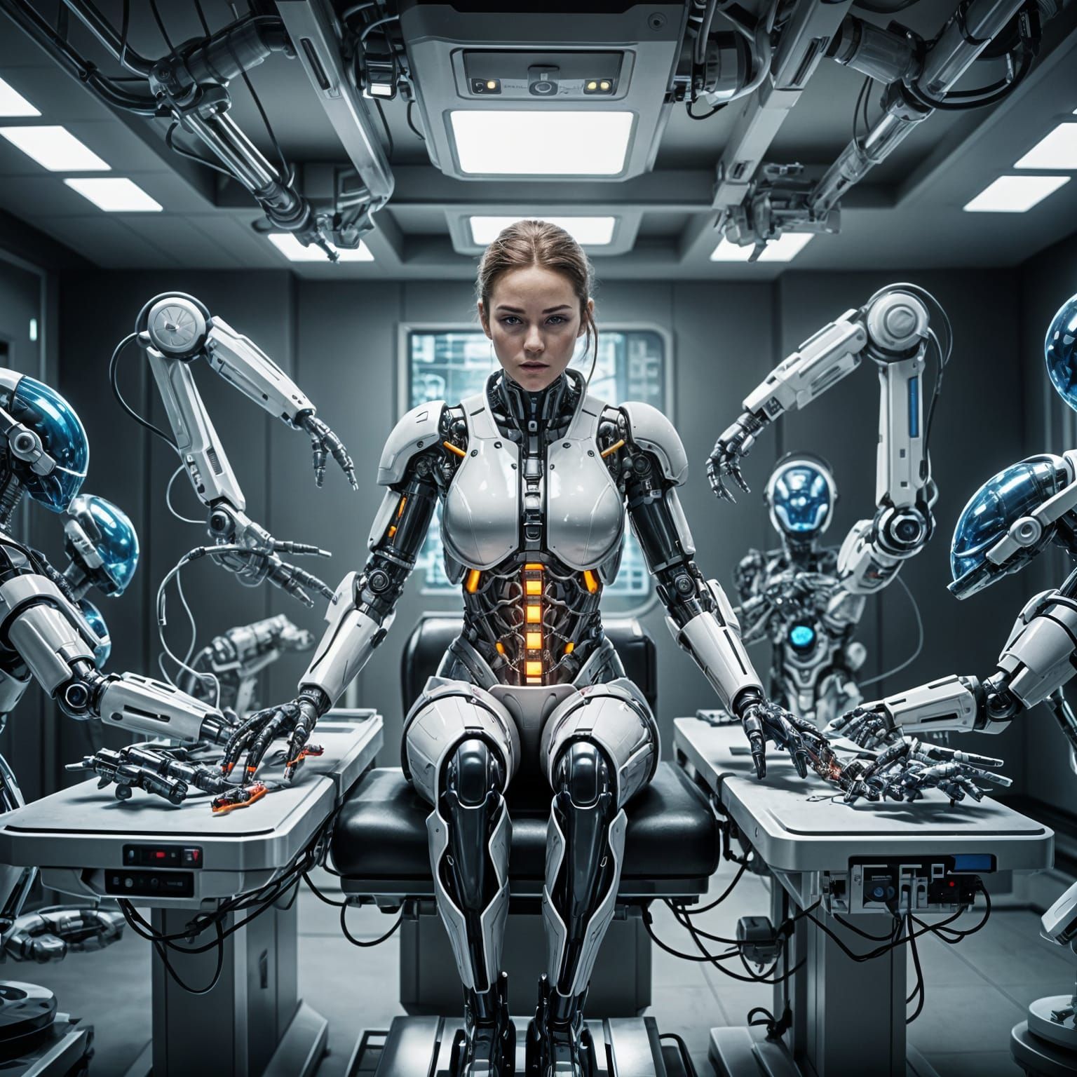 Cyborg Surgeon in Futuristic Clinic