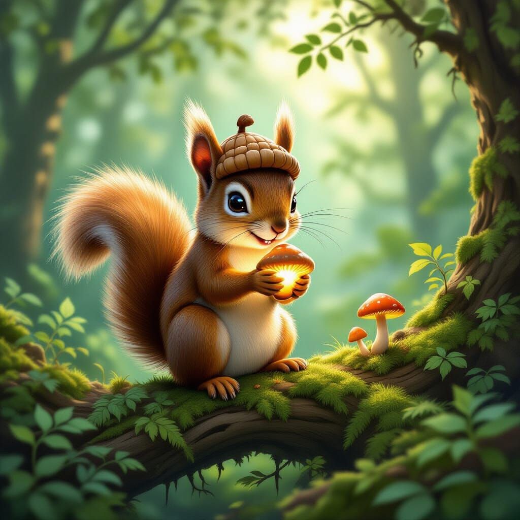 Mischievous Squirrel with Glowing Mushroom in Enchanted Fore...