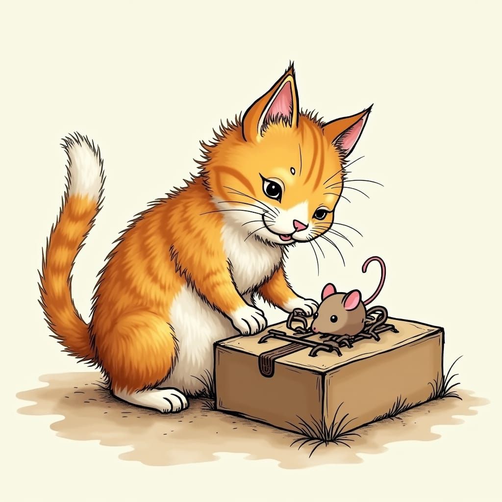 Cat Builds Mousetrap in Beatrix Potter Style