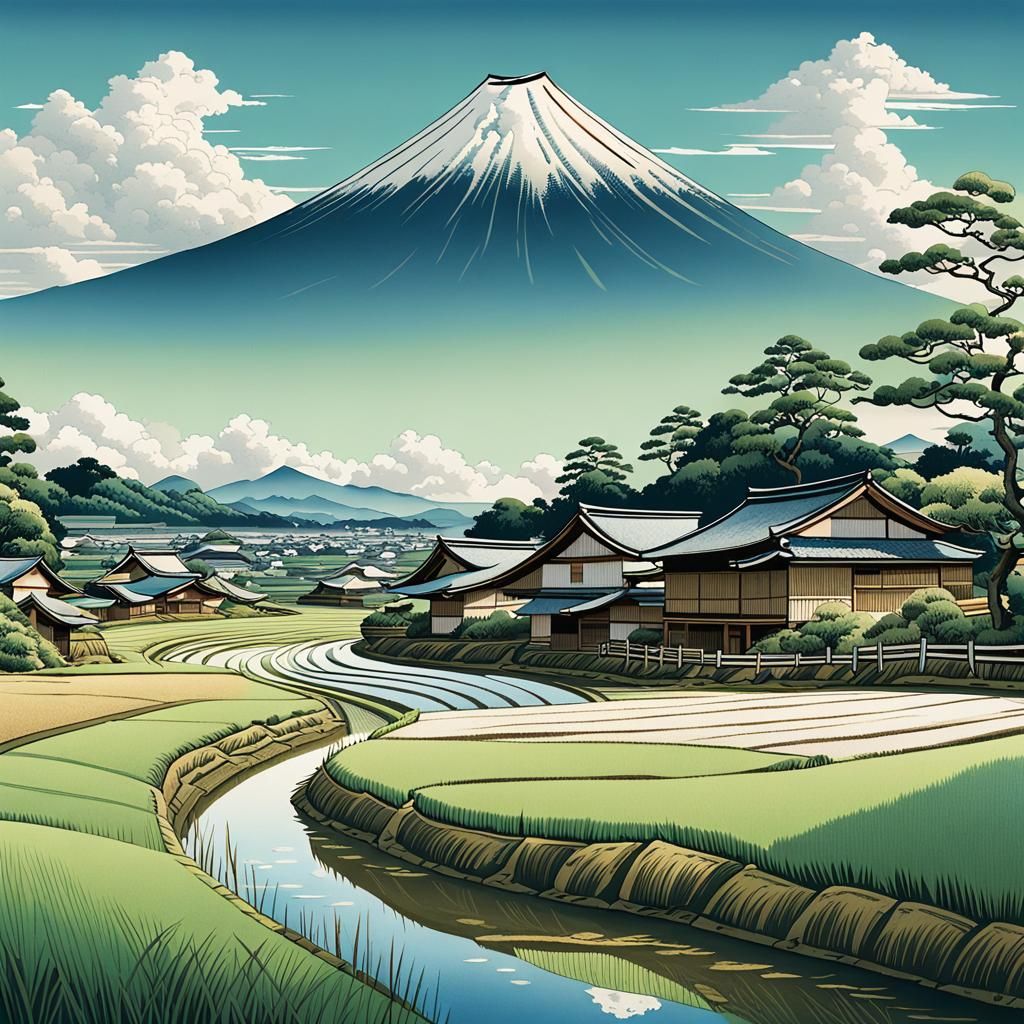Japanese Village in Ukiyo-e Style