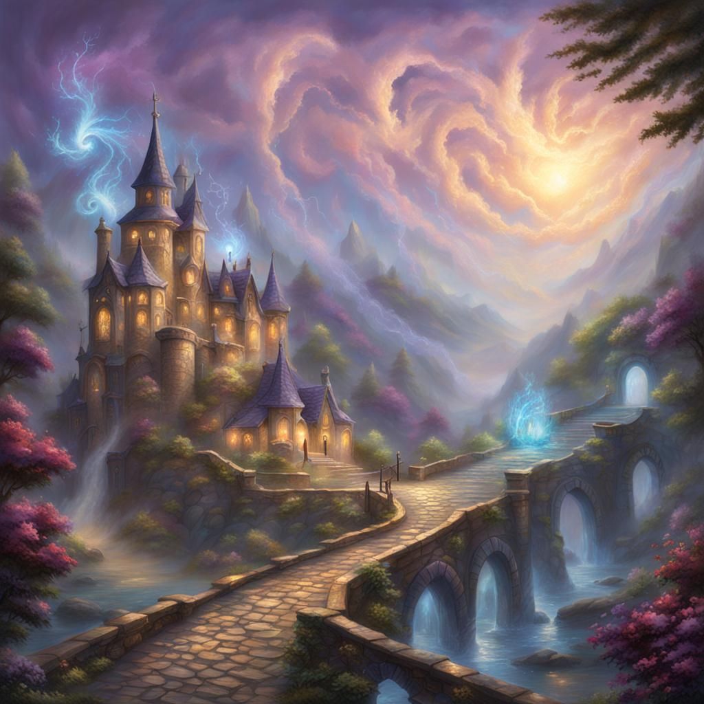 Ethereal Fantasy Spell Cards in Kinkade Style