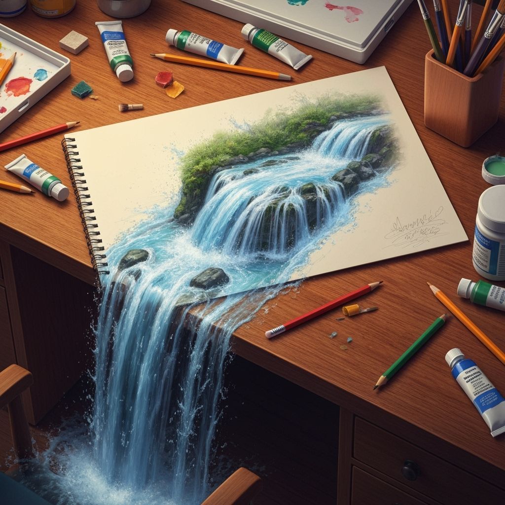 Desk with Art Supplies and Magical Waterfall Sketch