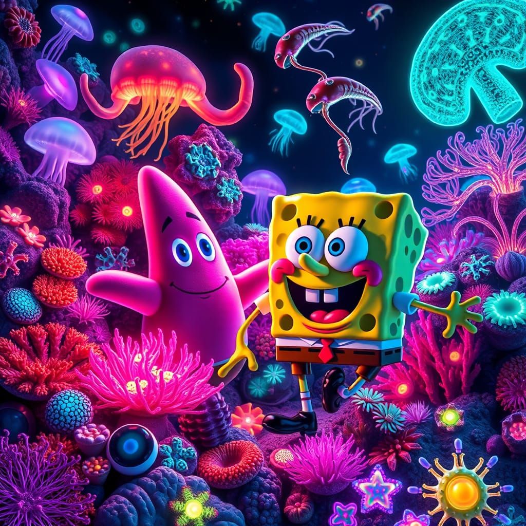 SpongeBob and Patrick in Bioluminescent Reef Scene