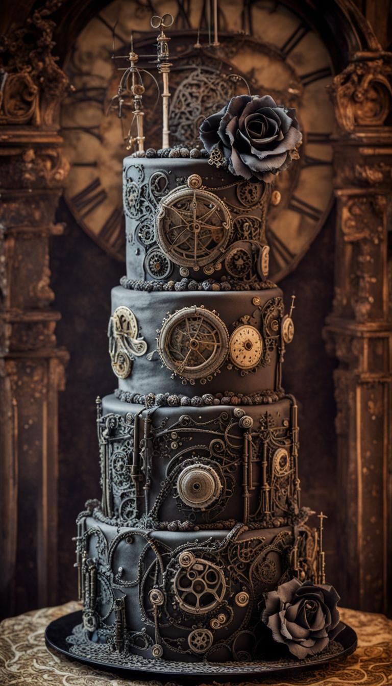 Steampunk Clockwork Goth Cake: Intricately Detailed Photogra...