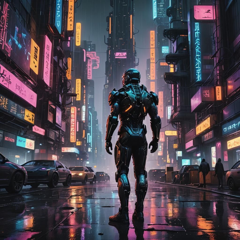 Cyborg in Futuristic City: Cyberpunk Digital Art