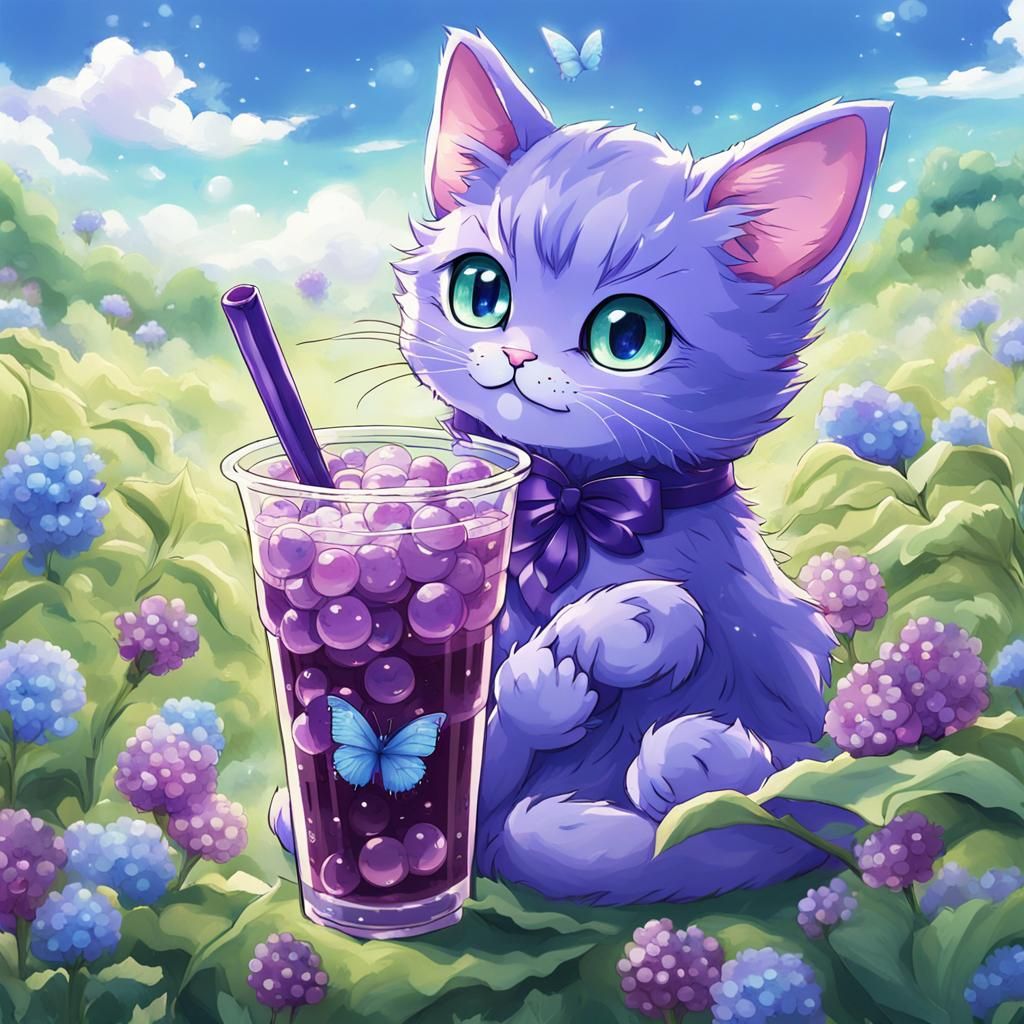 Whimsical Purple Cat with Bubble Tea in Anime Style
