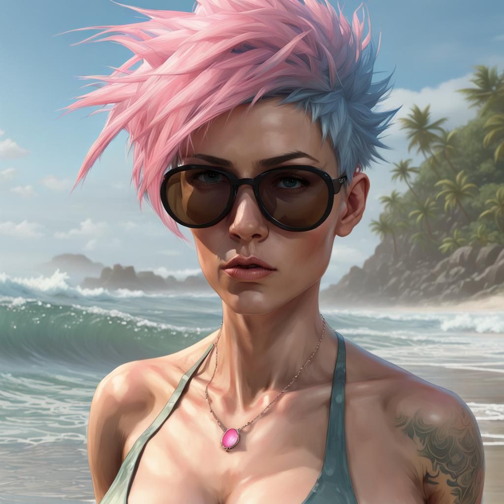 Blue-Haired Woman on the Beach, Hyperdetailed Art