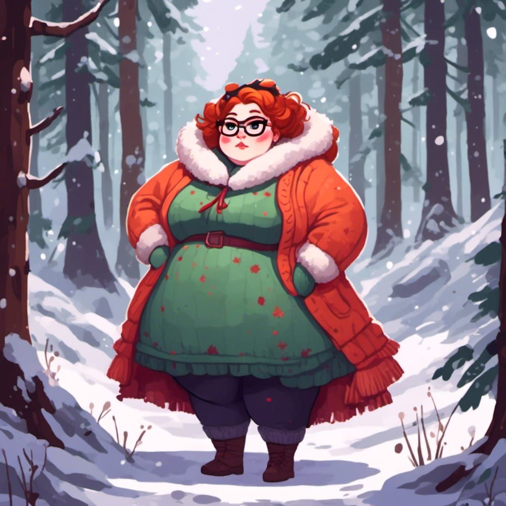 Chibi Style Curvy Woman in Snowy Forest