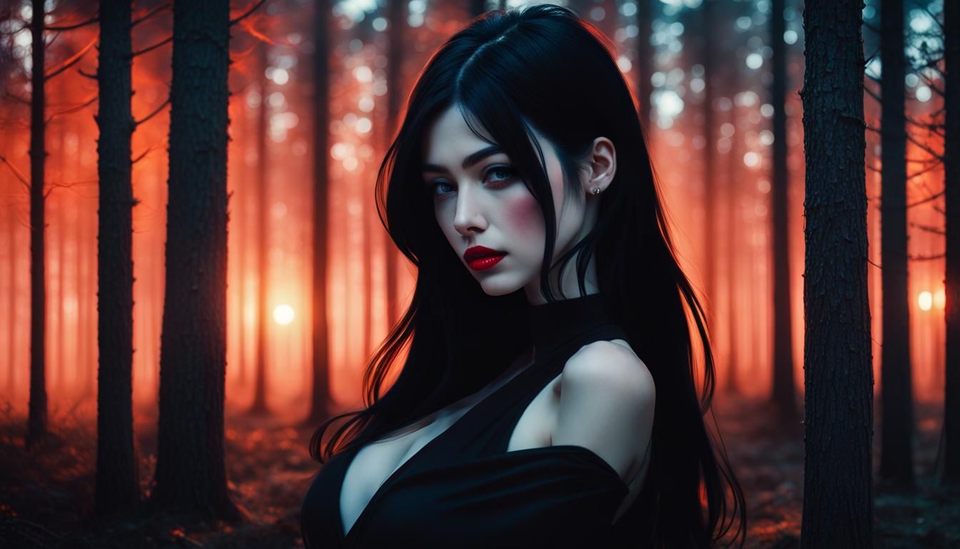 Woman with Red Lipstick in Dim Forest