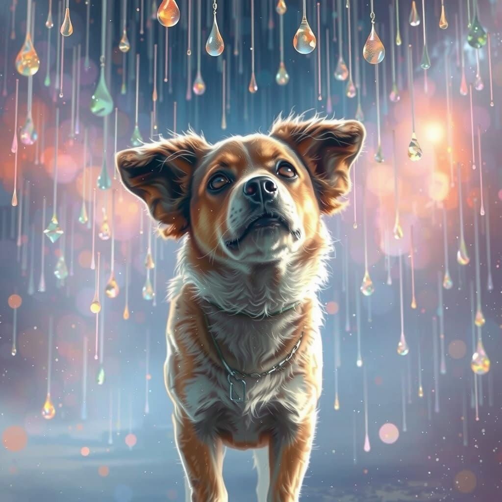 Watercolor rains from the sky. The dog looked at it in wonder