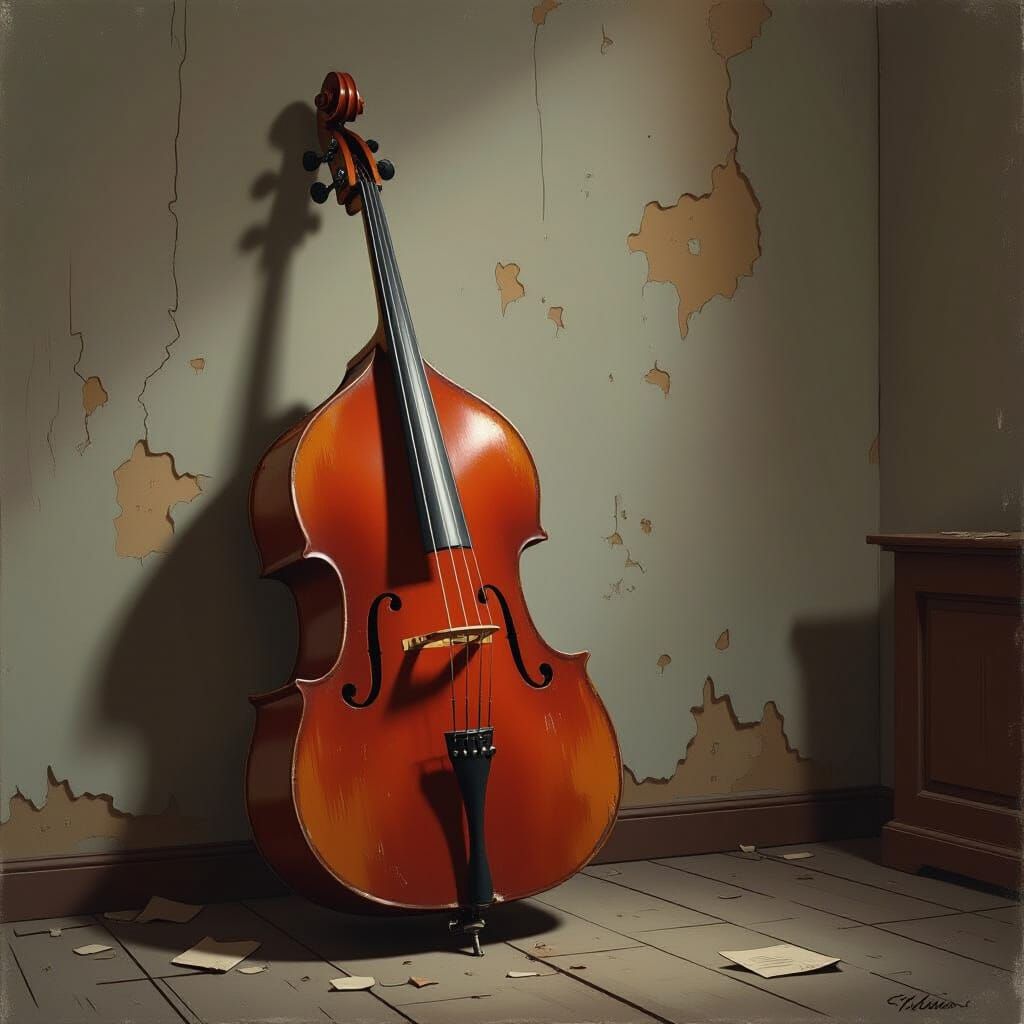 Melancholy Caricature of a Vintage Contrabass