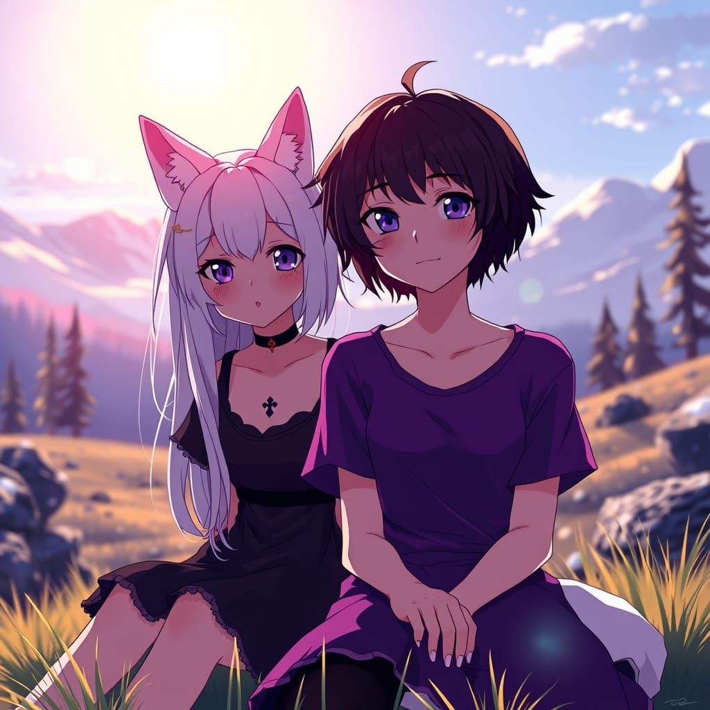 Emo Girl in Anime Style with Wolf Ears and Northern Landscap...