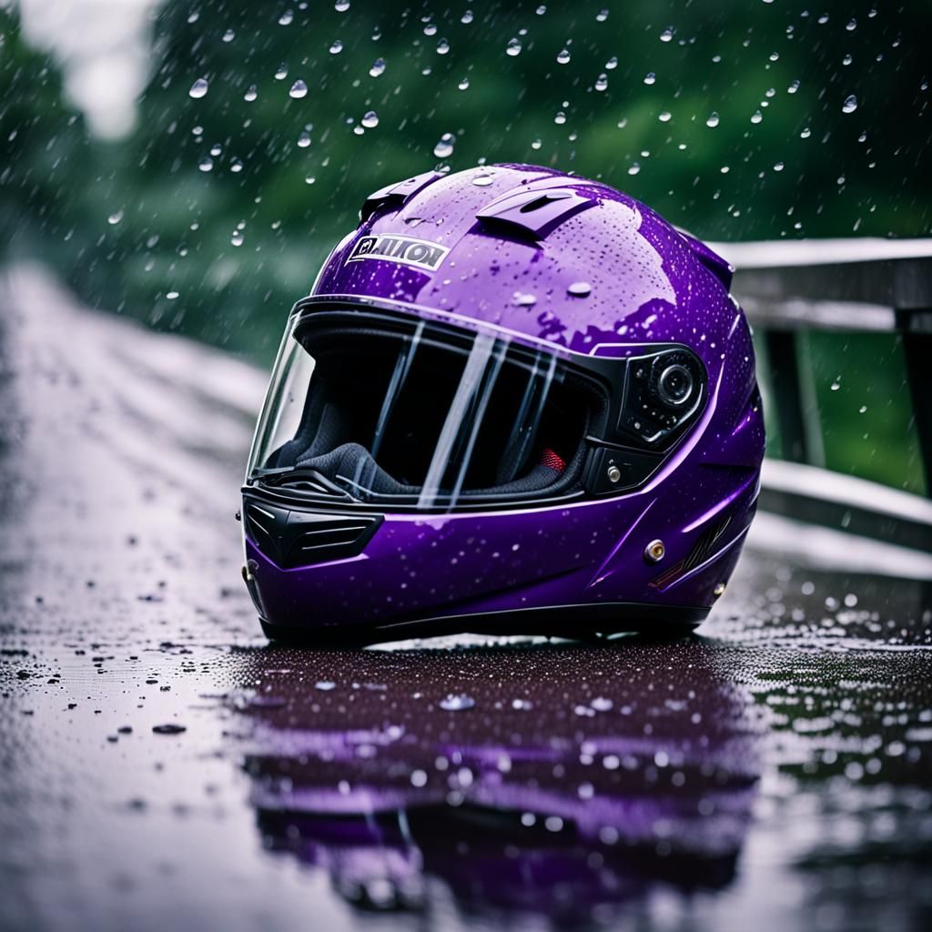 Purple Motorcycle Helmet Falling in Rainy Scene