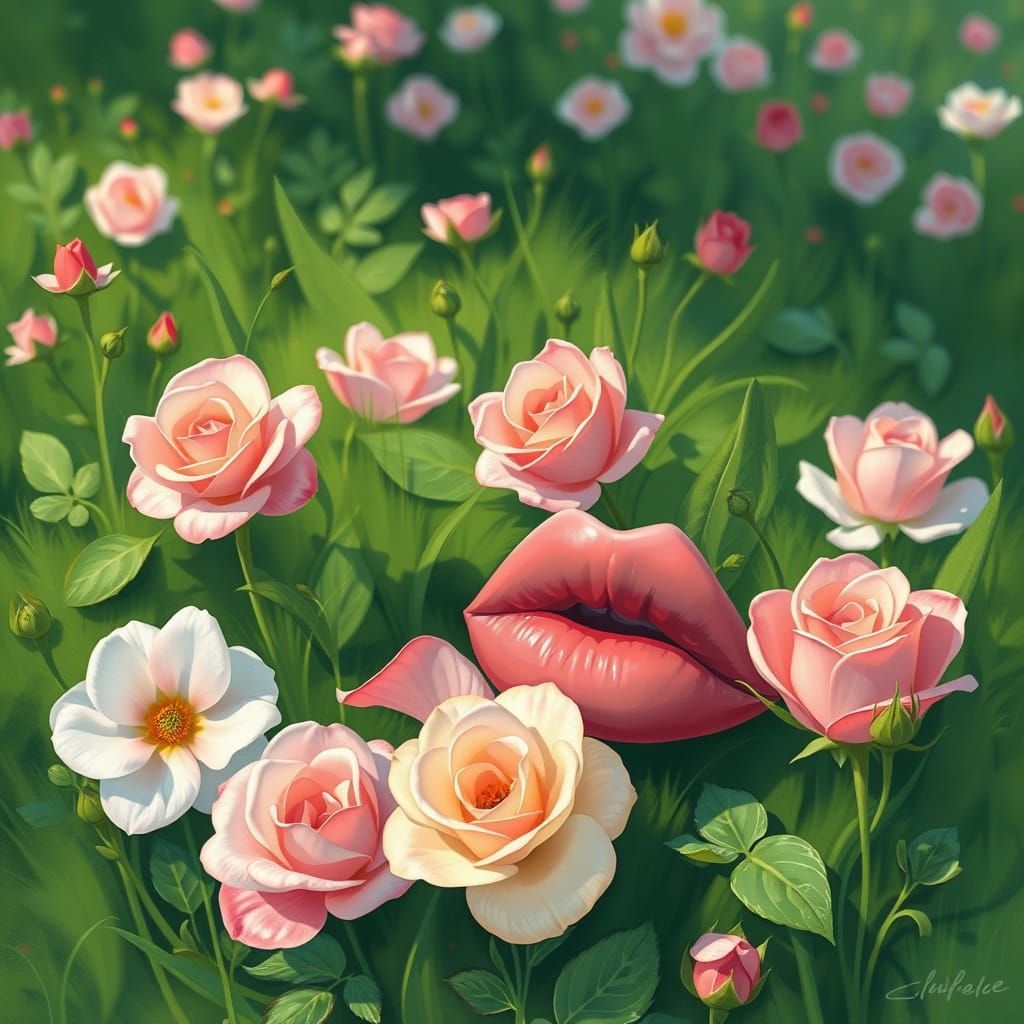 Peaceful Impressionist Rose Scene with Soft Pink Lips