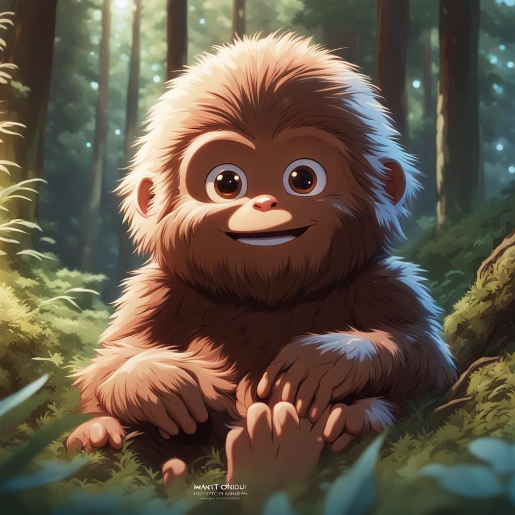 Cute Baby Sasquatch Portrait in Anime Style