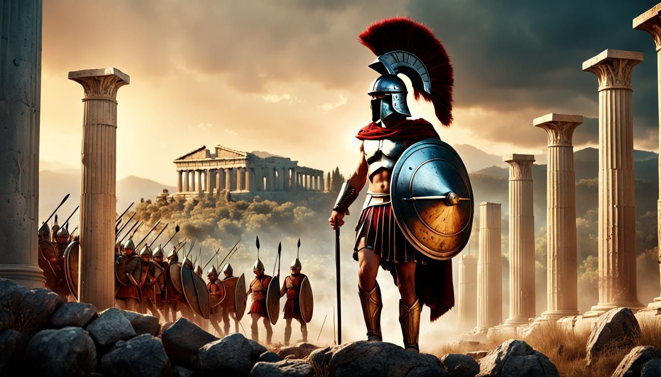 Hoplite Leading Troops in Ancient Greek City