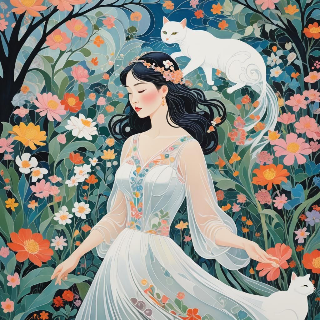 Elegant Lady with Cat in Art Nouveau Style