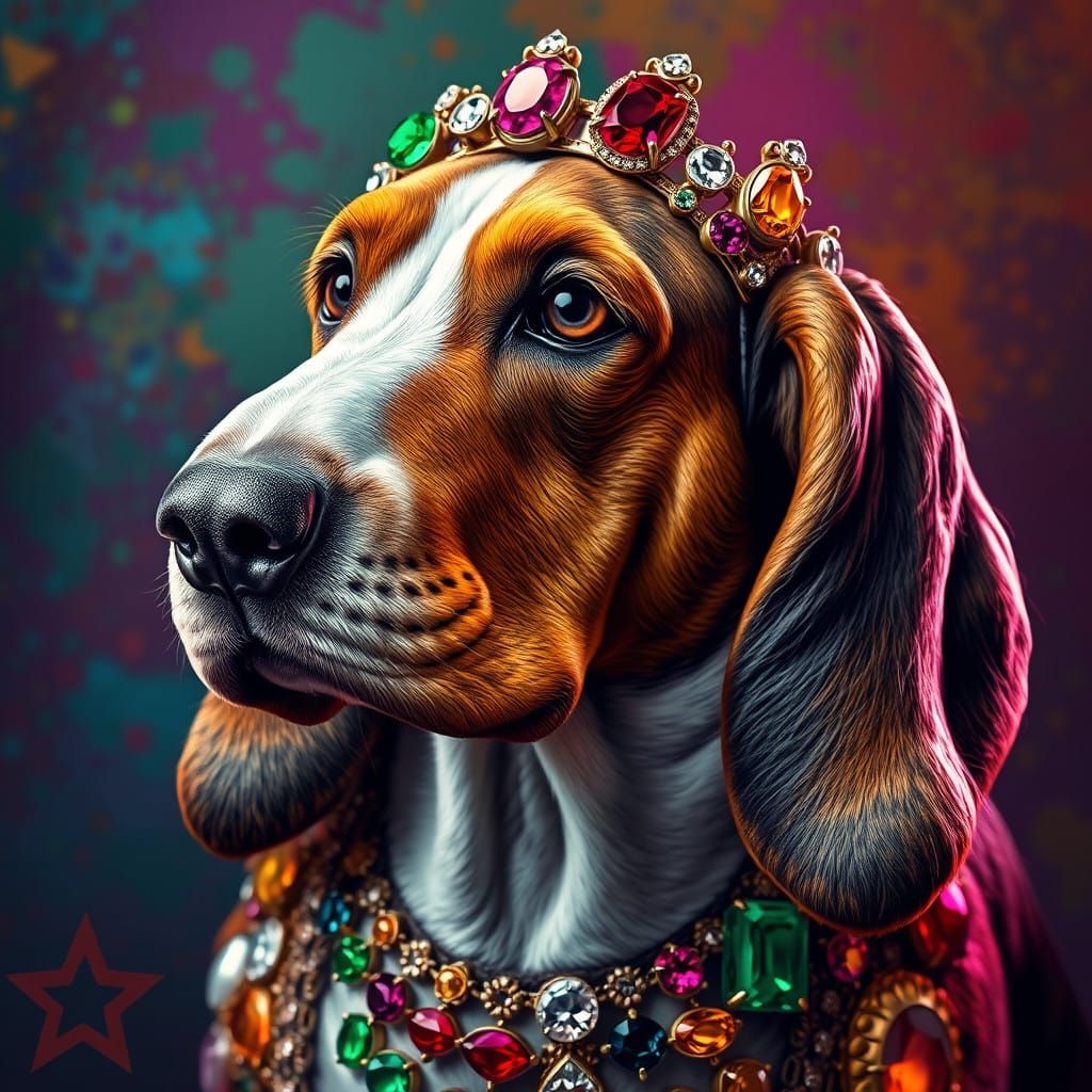 Regal Basset Hound Adorned with Extravagant Gems in Dynamic...