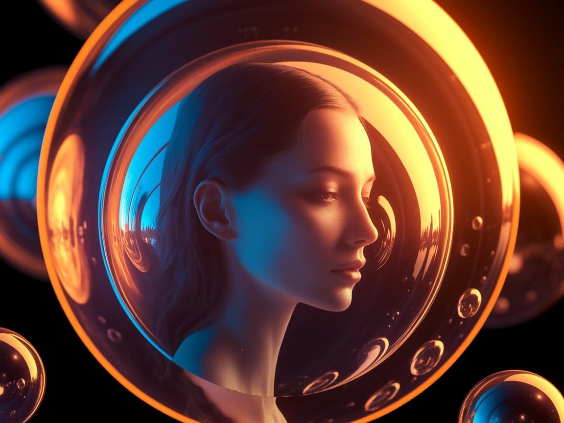 Serene Woman Reflected in a Celestial Orb