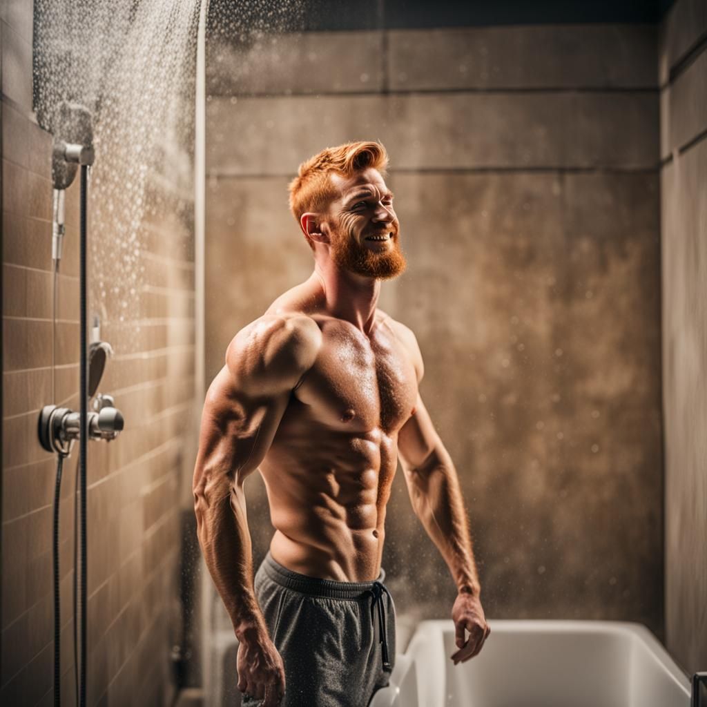 Smiling Ginger Man in Shower, Professional Photography