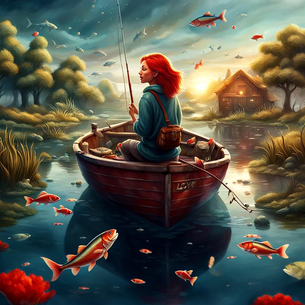 Happy Woman Fishing in Pond of Emotions