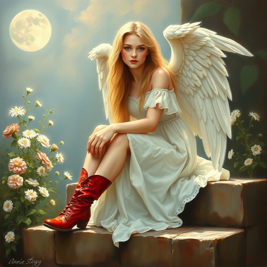 Luminous Angel Basks in Moonlit Glory as Oil Painting