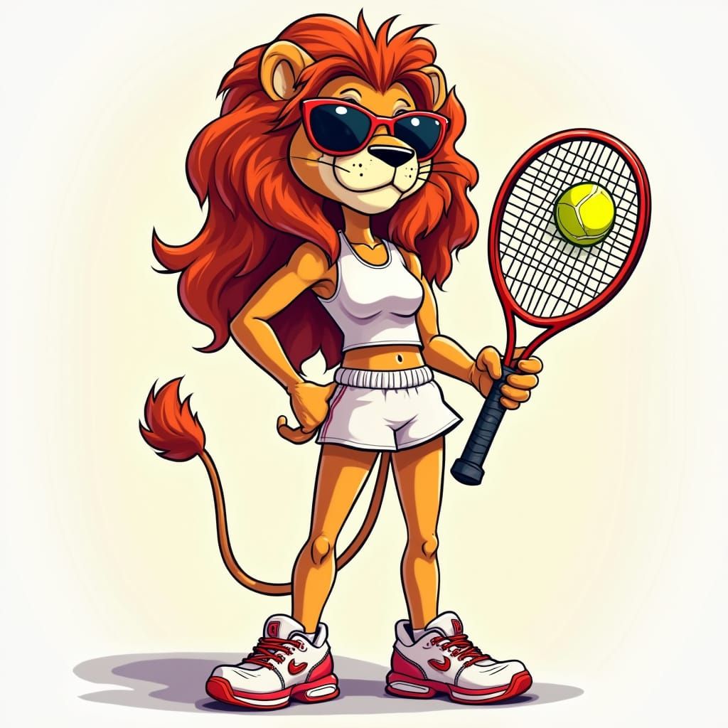 Cartoon Lioness Ready for Tennis in Cartoon Style