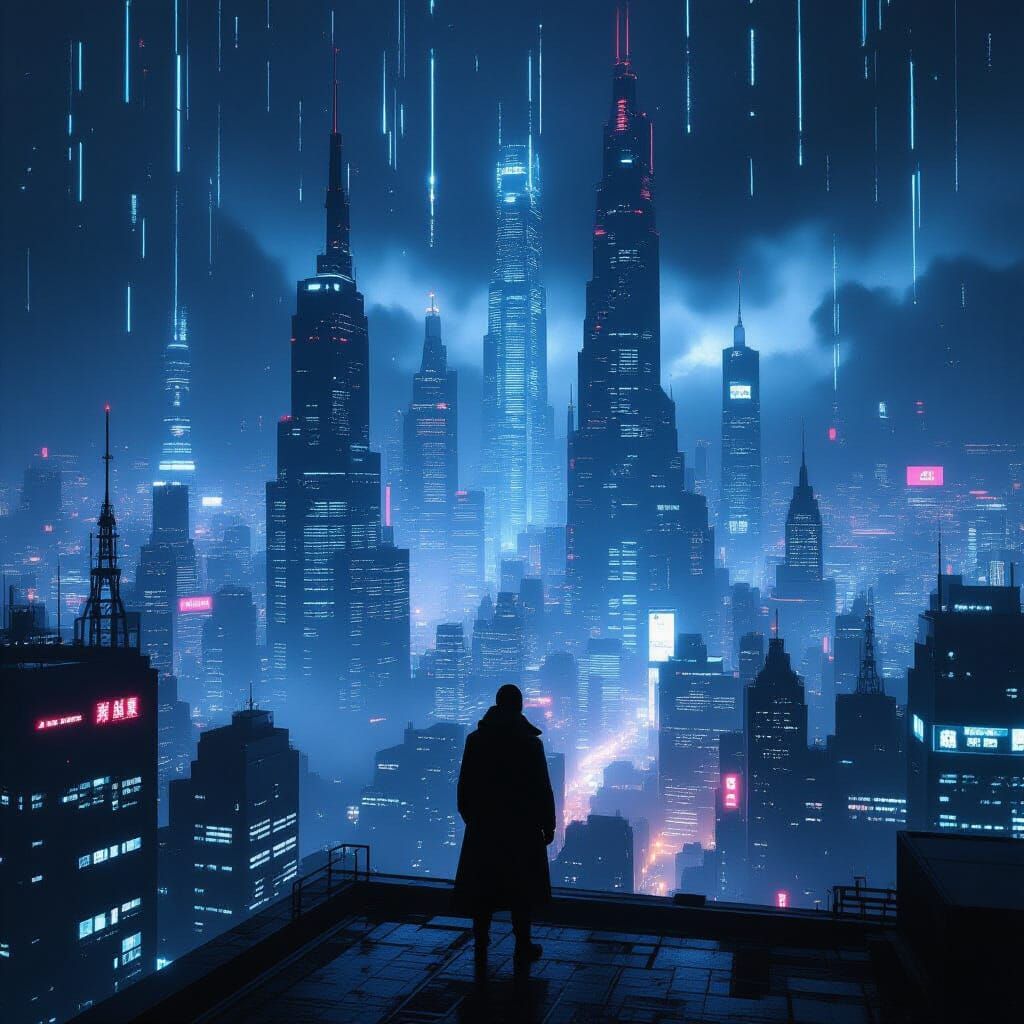 Figure Overlooks Dark Fantasy Digital Metropolis