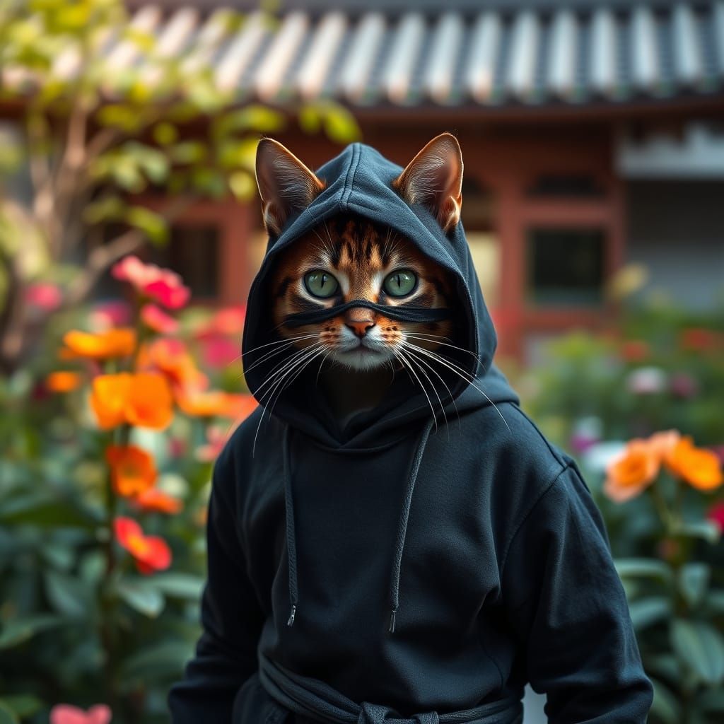 Stealthy Cat Ninja in Japanese Garden