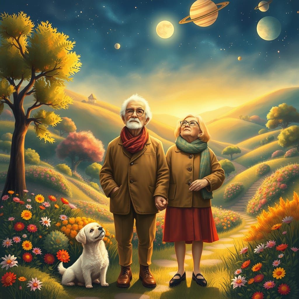 Warm Elderly Couple Surrounded by Vibrant Whimsical Garden
