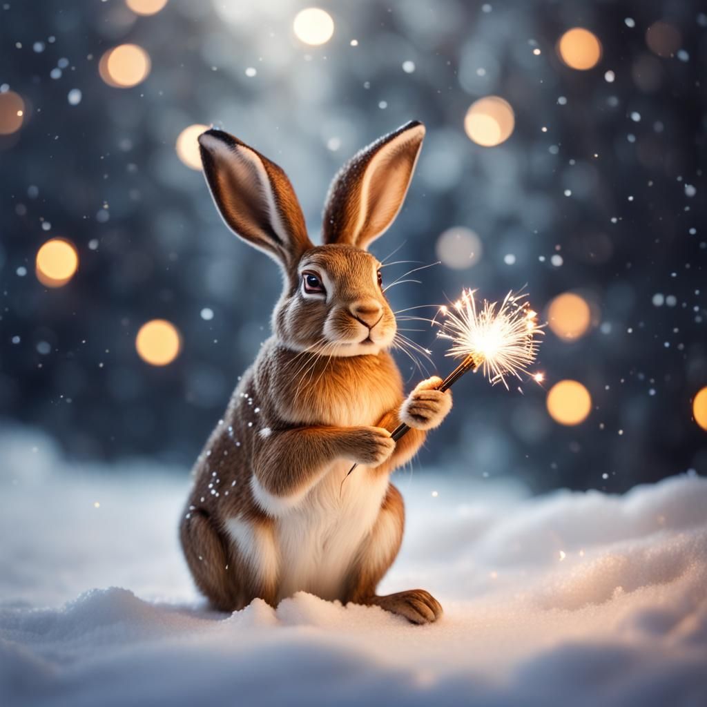 Festive Hare with Sparkler in Snowy Scene