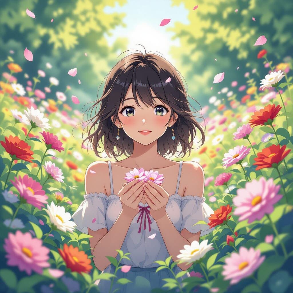 Anime Woman in a Lush Flower Garden