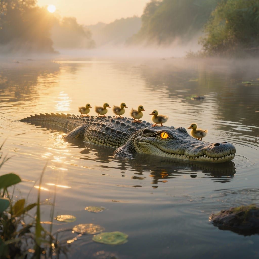 Calm Crocodile Carries Ducklings in Serene River Scene