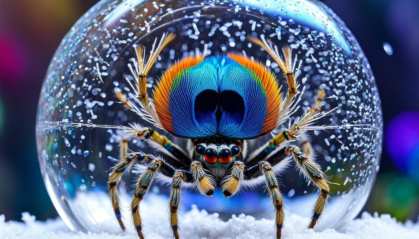 male peacock spider in a crystal snow globe