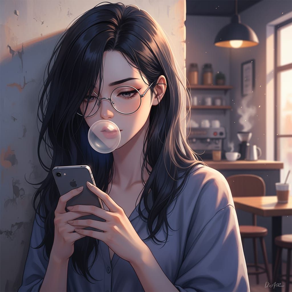 Anime Woman With Glasses Blowing Bubblegum in Cafe
