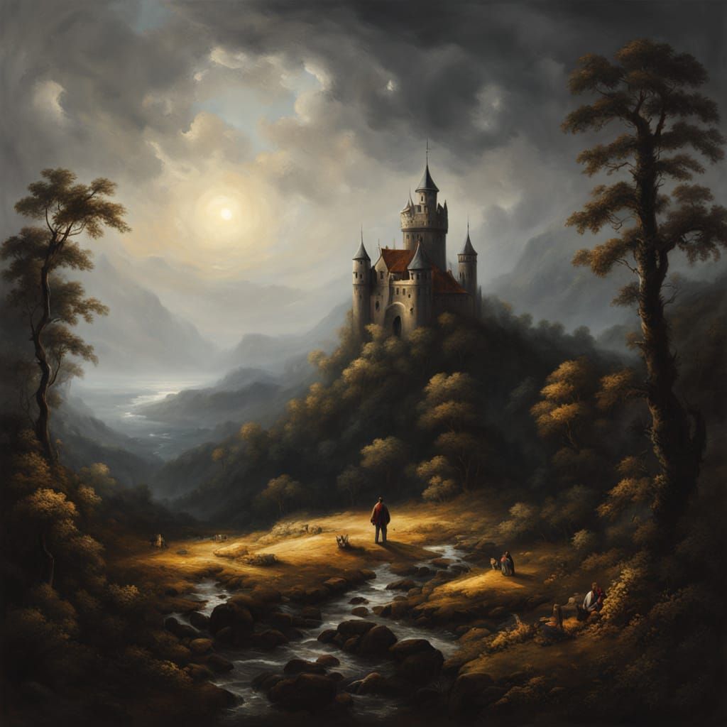 Glowing Castle in Dark Forest: Dutch Golden Age Painting