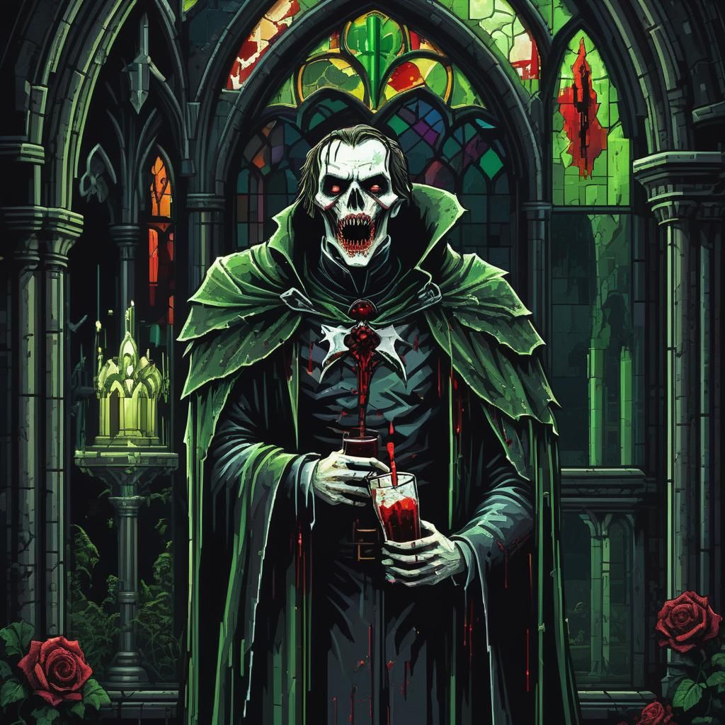 Pixelated Vampire Attack in Gothic Horror Style